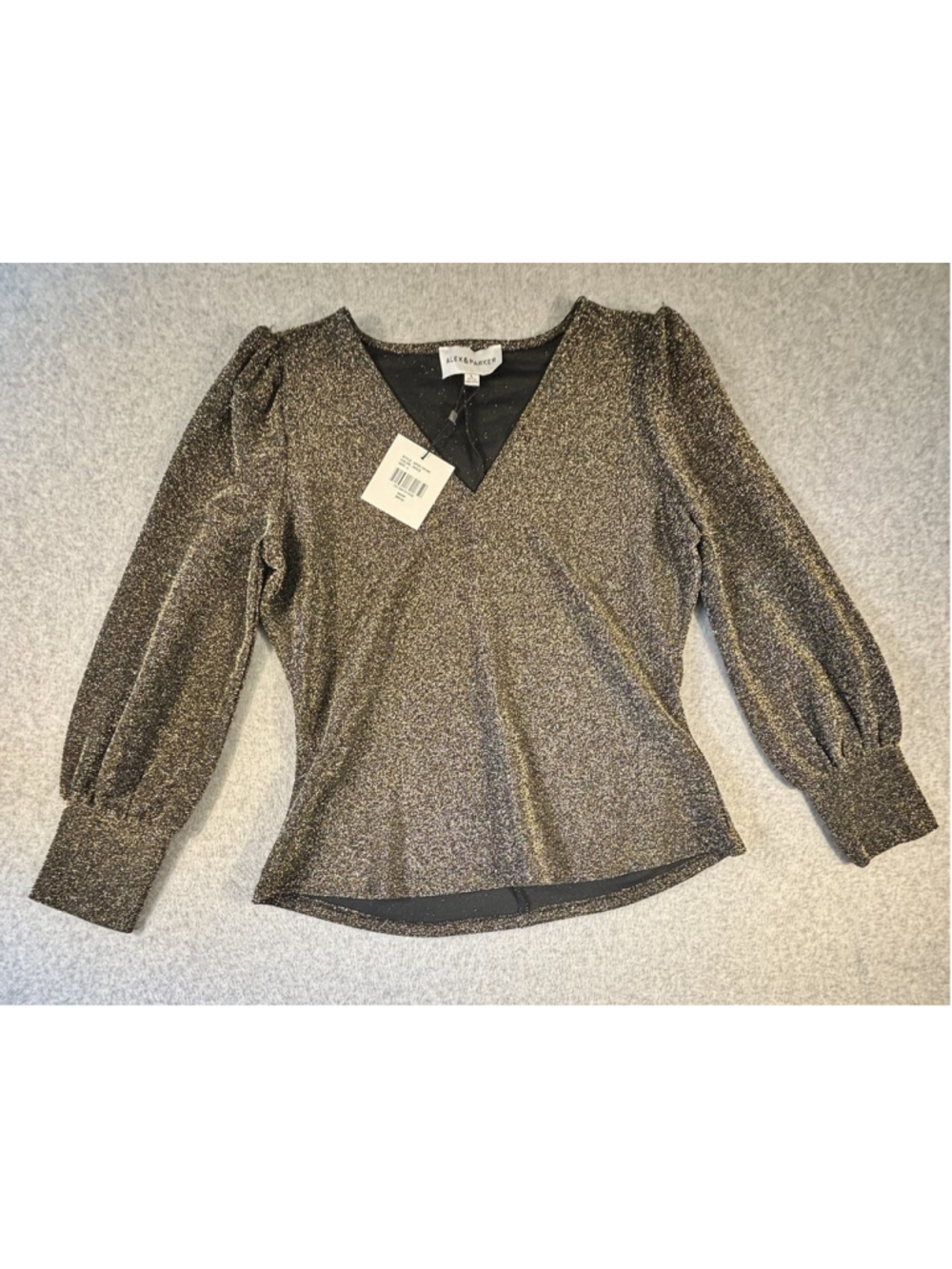 Alex & Parker Womens L Gold Metallic Lurex Wrap Blouse Puff Sleeve NWT $69.50